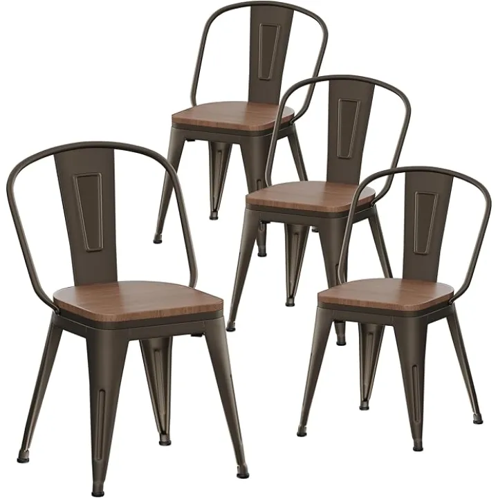 Alunaune 18inch Metal Dining Chair Set of 4 High Back Classic Chic Iron Farmhouse Chairs Industrial Stackable Coffee Stools Bistro Cafe Side Barstools Wood Seat-Rusty