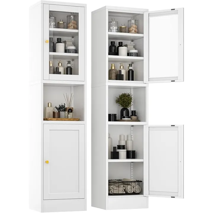 Tall Bathroom Cabinet with Glass Door,Narrow Metal Cabinet with 3 Adjustable Shelves,Sideboard for Small Spaces,  Dining Room,Living Room, White