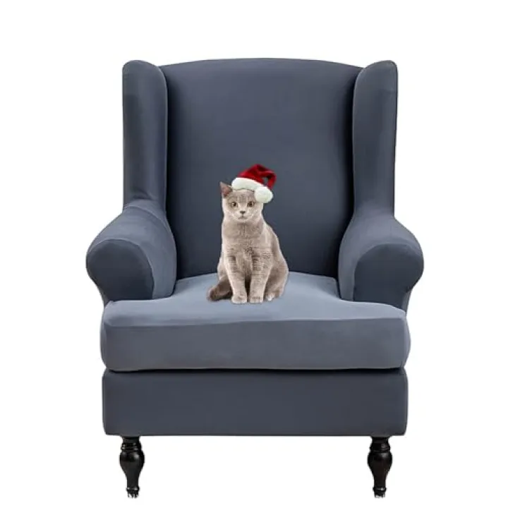 2 Pieces Wingback Chair Slipcover Elastic Stretch Armchair Sofa Cover with Seat Cover, Soft Bottom Furniture Protector for Living Room(Dark Gray)