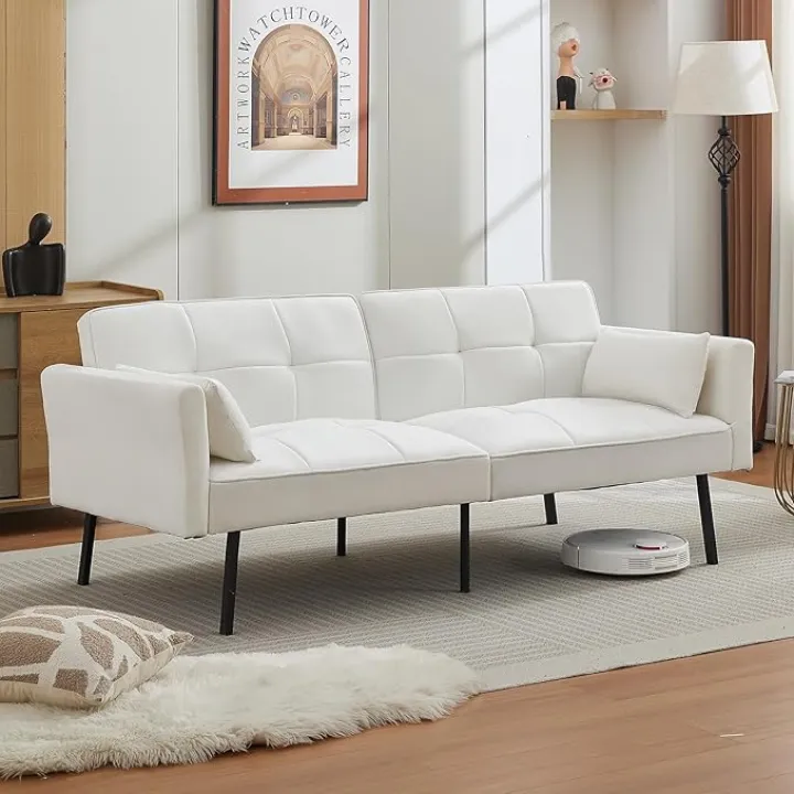 85" Futon Sofa Bed with Adjustable Backrests and Armrests, Velvet Futon Couch with Wooden Frame and Metal Legs, Modern Loveseat Couches for Living Room, Bedroom, Study Room, Office, White