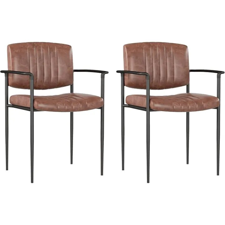 Modern PU Leather Dining Chair Set of 2, Upholstered Dining Room Chairs Comfy Armchair Side Chair with Metal Leg and Backrest, for Living Room Kitchen, Brown