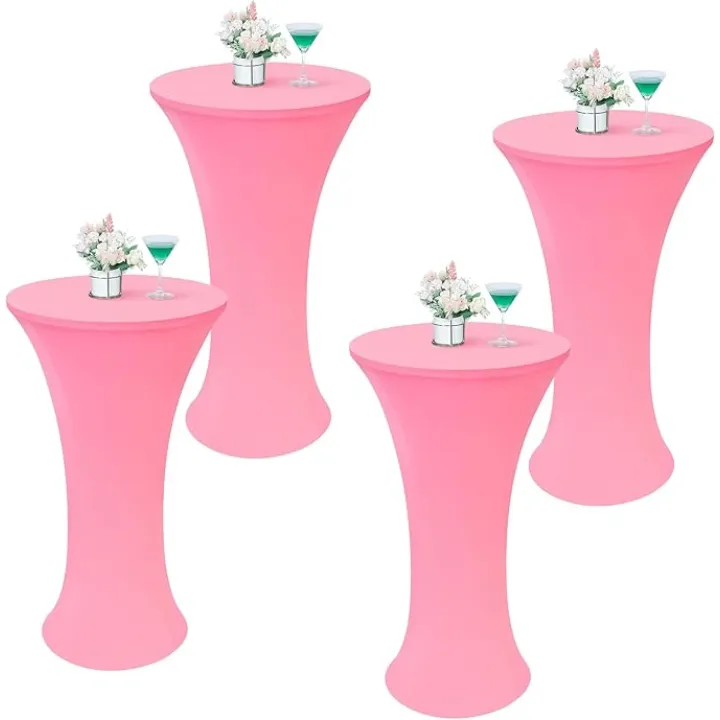 Wolkemer 4PCS 24x43 Inch Pink Round Cocktail Tablecloth Fitted Highboy Stretch Cocktail Table Cover for Banquet Bar Party Pub Wedding Indoor Outdoor