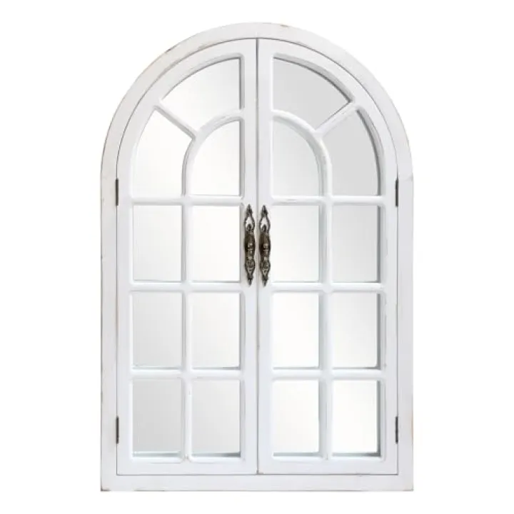 IPOUF Rustic Wood Windowpane Arch Mirror, 24x36inch Vintage Farmhouse Window Pane Wall Mirror for Living Room, Entryway, or Bedroom Decor,Rustic White