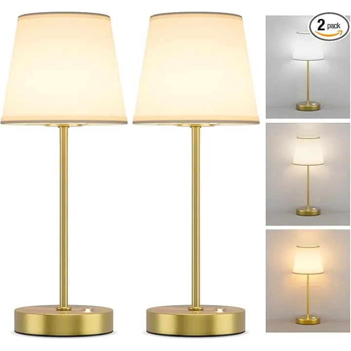 2 Pack Cordless LED Table Lamps, Battery Operated Fabric Shade Desk Lamp, 3 Color Stepless Dimmable Rechargeable Lamp for Dinner/Restaurant/Bedroom/Bars/Camping(Gold)