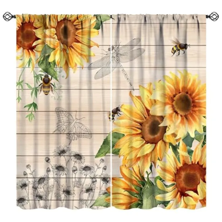 Sunflower Curtains Country Farmhouse Vintage Floral Wooden Board Art Printed Blackout Window Drapes for Bedroom Kitchen Decor Fabric Set 2 Panel 42x45 Inch 30% Shading Rate