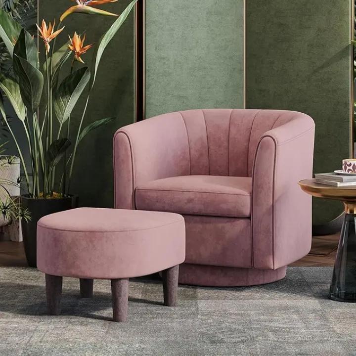 LINSY Swivel Accent Chair, Velvet Small Barrel Chair with Ottoman, 360 Degree Swivel Armchair for Living Room Bedroom Nursery Office, Pink
