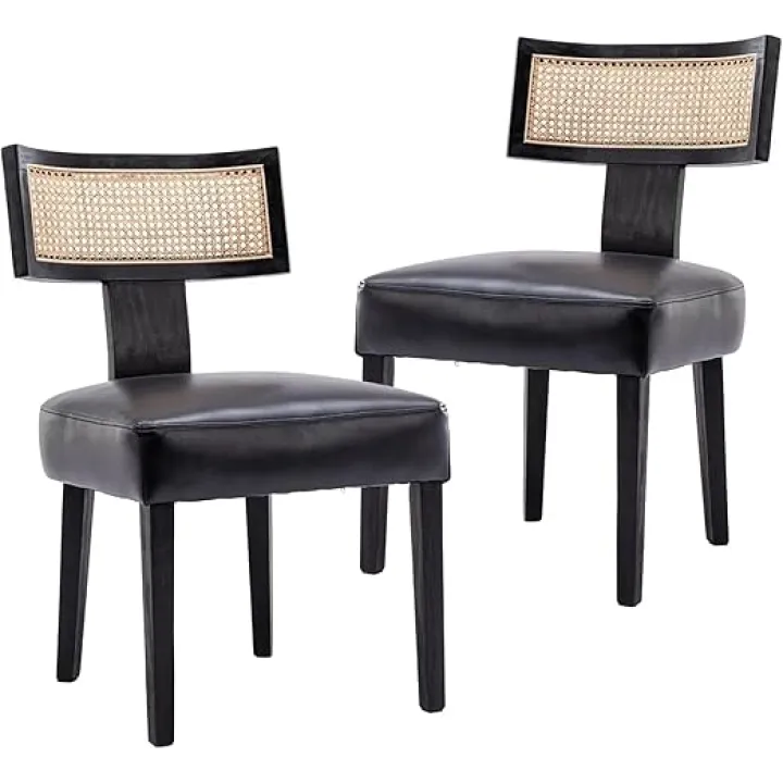 Medieval Modern Dining Chair Set of 6, Farmhouse Linen Fabric Decorative Chair, Hardwood Frame, Beige, Linen(Rattan Pu-Black)