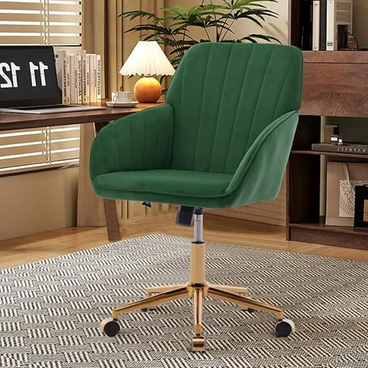 Velvet Home Office Chair with Gold Base,Comfortable Modern Cute Desk Chair, Adjustable Swivel Task Chair for Living Room Bedroom Vanity Study,with Wheels Aesthetic Office Chair, (Green)