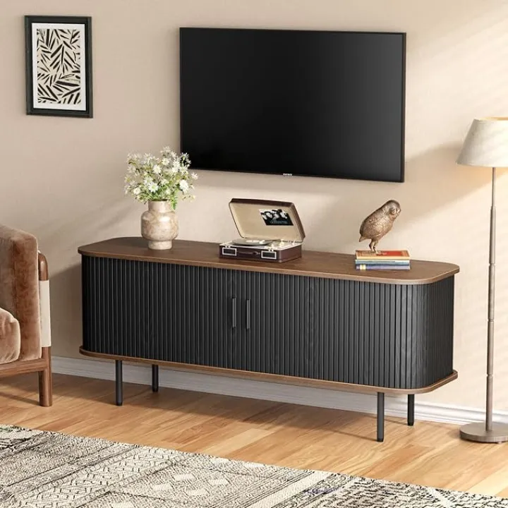 55''W Storage Cabinet, Fluted Sideboard Buffet Cabinet with Storage, Console Table Credenza with Tambour Slatted Sliding Doors and Shelves, Modern TV Stand for Living Room, Kitchen, Entryway, Black
