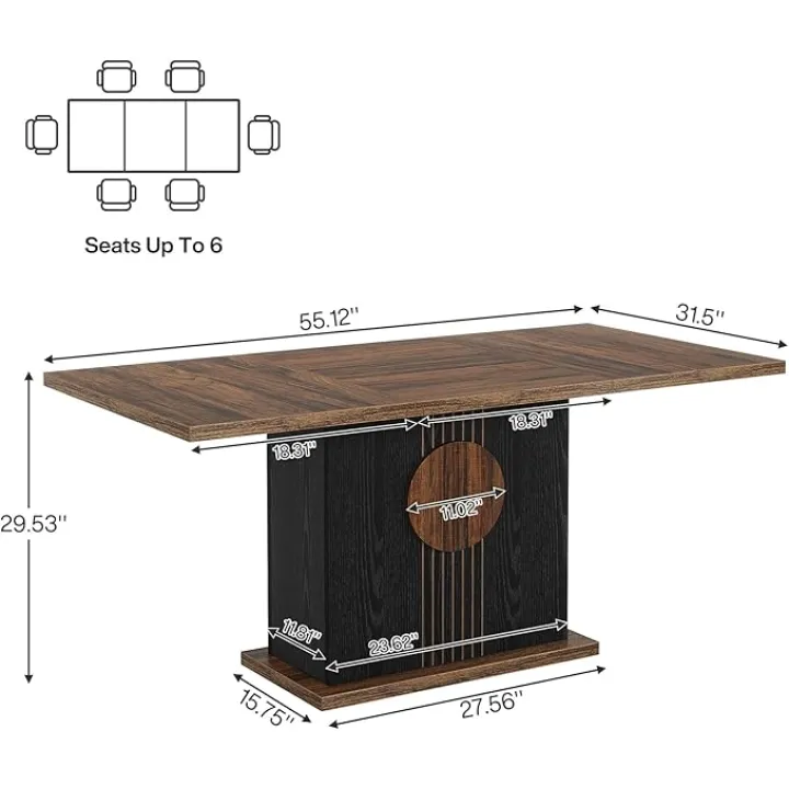 Tribesigns 55" Rectangular Dining Table for 4 to 6 People, Farmhouse Wood Dinner Table for Kitchen, Dining Room & Living Room (Rustic Brown & Black)