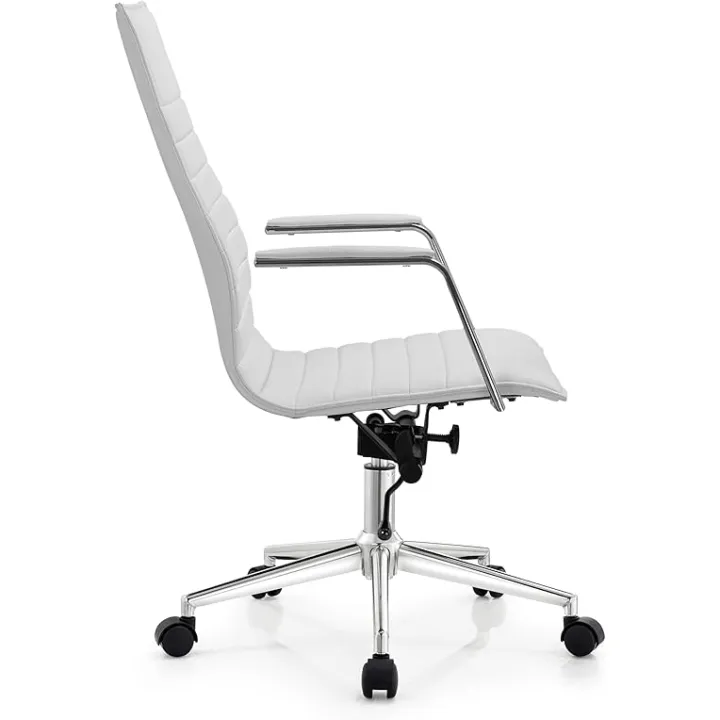 2xhome Modern High Back Office Desk Chair | Upholstered Ribbed PU Leather with Metal Frame | Adjustable Height, Tilt Lock | Computer Armchair for Home, Executive, Conference, Meetings (White)