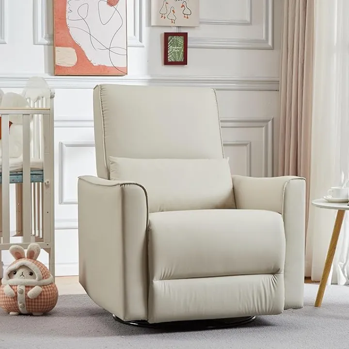 IDEALHOUSE Recliner Chair with Rocker & 360° Swivel, Rocking Chair Nursery, Glider Rocker Recliner, PU Leather Sofa Chair with high Back, Deep Seat for Nursery, Living Room, Bedroom, Beige