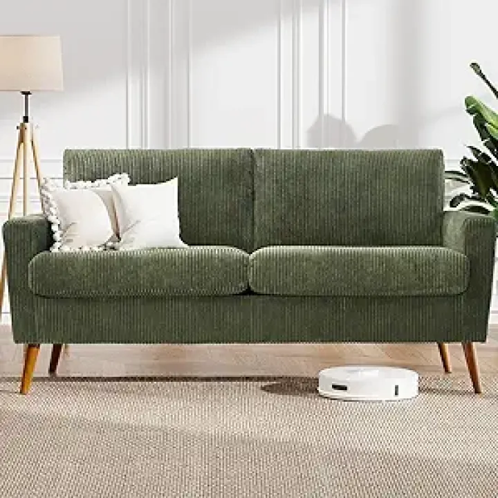 WEUP 68" Loveseat Sofa Green Corduroy Couch, Mid Century Modern Love Seat Couches for Living Room, Small Loveseat for Bedroom Office, Comfy Sofa with Spring Cushion, Solid Wood, Tool-Free Assembly