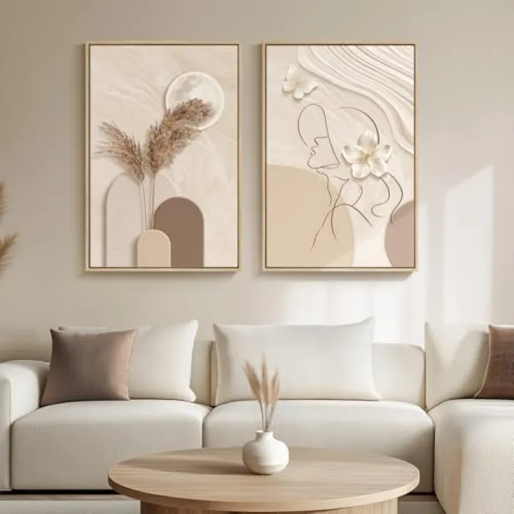 Large Framed Neutral Abstract Wall Art for Living Room, 2 Piece Tan and Cream Beige Canvas Prints Paintings Artwork for Walls, Woman Silhouette Big Pictures for Bedroom Dining Room Office Wall Decor