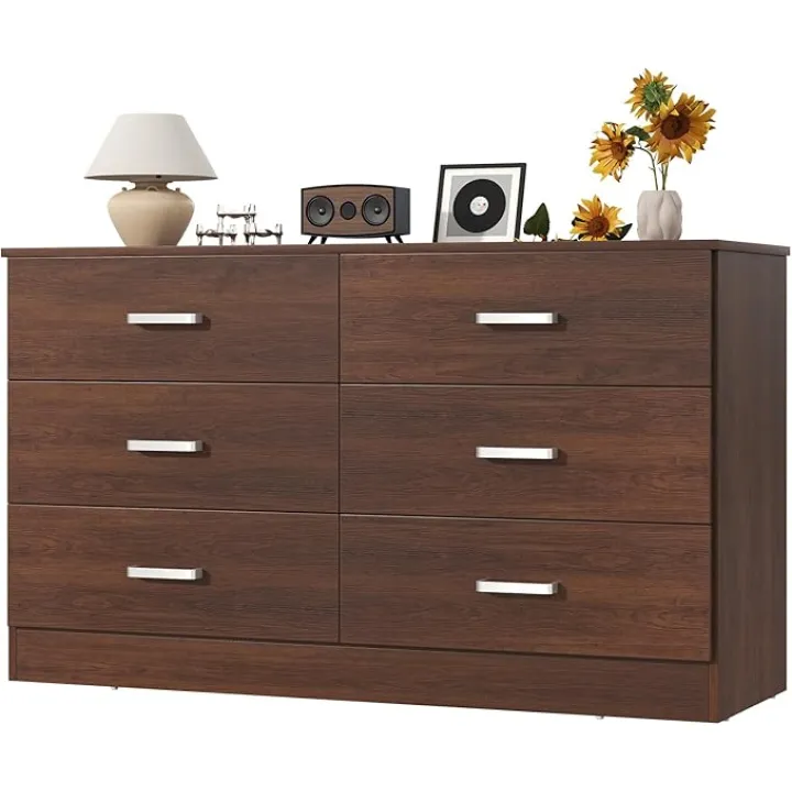 6 Drawers Dresser for Bedroom, Mid Century Modern Chests of Drawers, Brown Solid Wood Dresser with Deep Drawers and Sliding Rail, Hallway, Walnut Brown