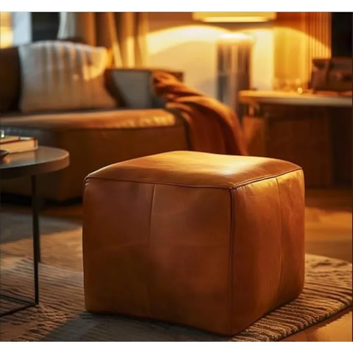 Genuine Leather Pouf UNSTUFFED, Square Ottoman Pouf, Large Ottoman Pouf, Square Footstool, Ottoman Coffee Table, Leather Pouf (Caramel, 16"x16"x16")