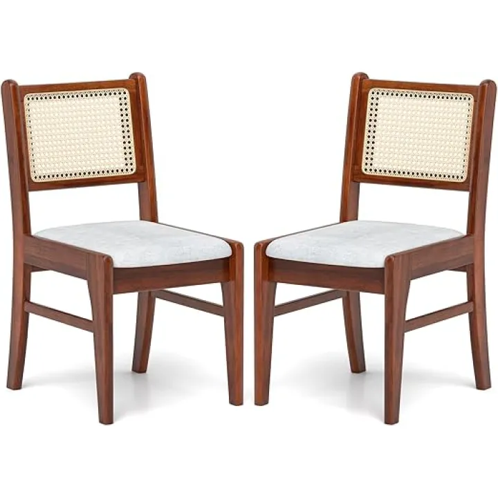 Giantex Rattan Dining Chairs Set of 2, Wooden Kitchen Chairs w/Cane Back, Rubber Wood Frame, Padded Seat, Upholstered Side Chairs, Farmhouse Armless Accent Chairs for Living Dining Room