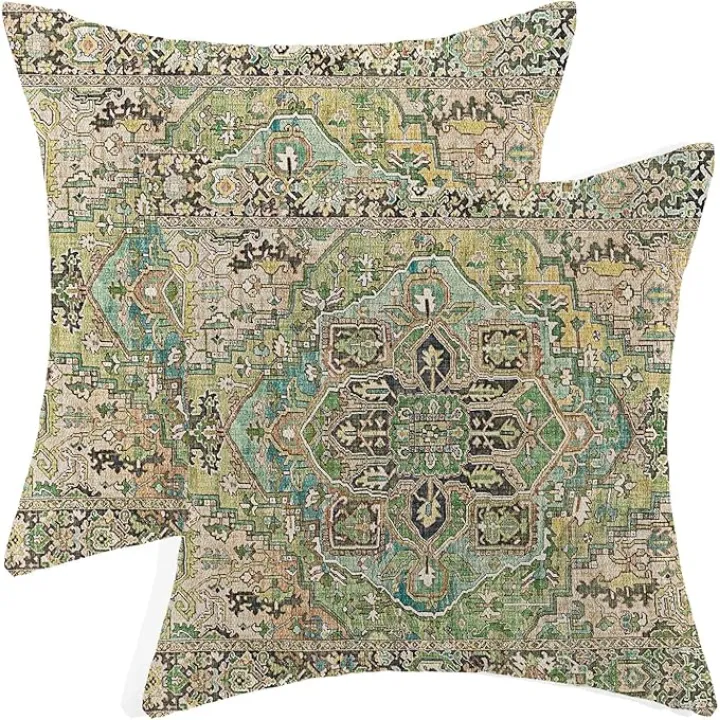 Boho Pillow Covers 18x18 Set of 2 Ethnic Sage Green Carpet Throw Pillow Covers Bohemian Style Vintage Rug Pillowcase Farmhouse Linen Cushion Case for Home Sofa Couch Outdoor Decor