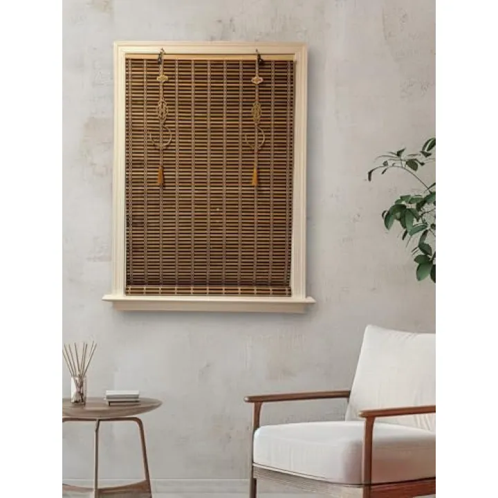 THY COLLECTIBLES Cordless Bamboo Window Blind Sun Shade, Light Filtering Roller Shades with Oriental Themed Decorative Brass Hooks (Brown and Tan, W24 X H72)