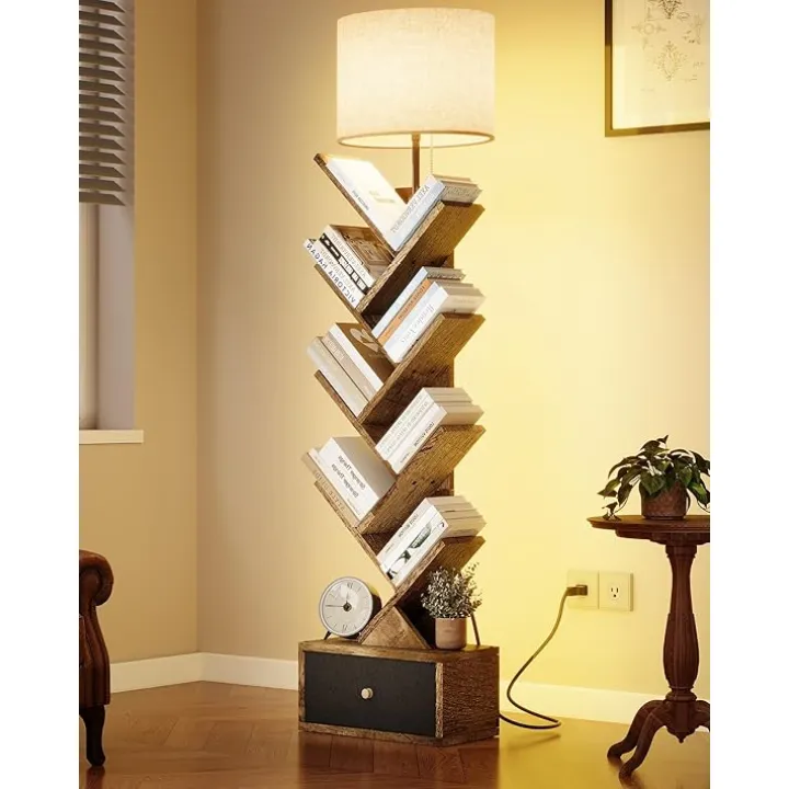 9 Tier Tree Book Shelf with Light and Drawer, Floor Standing Bookshelf Storage Organizer for Books/CDs, 9 Shelf Narrow Bookcase for Bedroom, Living Room, Greige