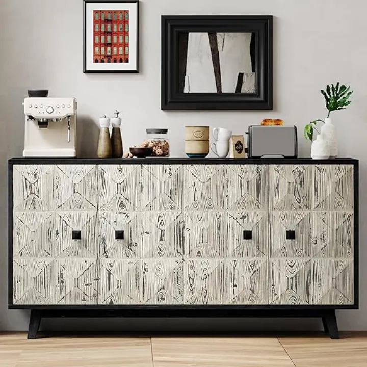 60" Mid Century Sideboard Buffet Cabinet, 4 Doors and Metal Handle, Shelves Credenza Console Table, Kitchen Furniture for Office, Living Room, Dining Room, Hallway (White Black)