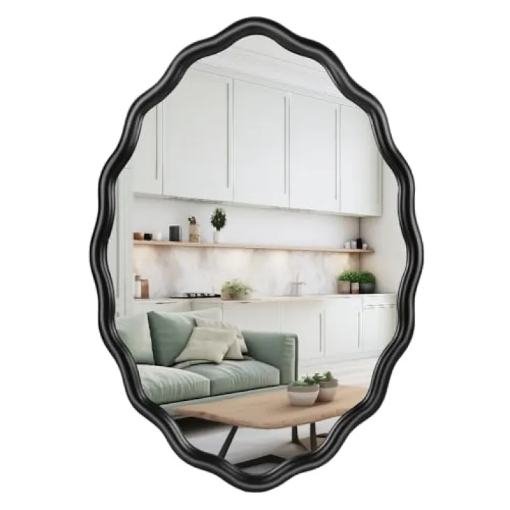 Oval Bathroom Mirror Wall Mounted Large Decorative Wall Mirror for Living Room, Bedroom, or Entryway – Vintage Sunburst Design with Beveled Detailing – Wavy Frame Vanity Mirror (Black)