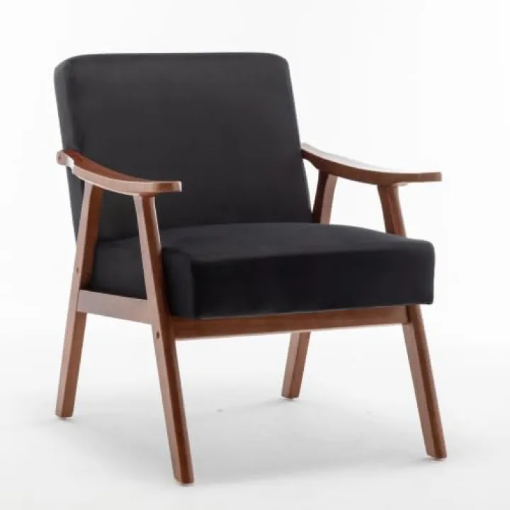 The Ai Furniture Caspian 26" Mid-Century Modern Velvet Accent Chair with Curved Arms and Natural Wooden Frame for Living Room or Bedroom Velvet - Black