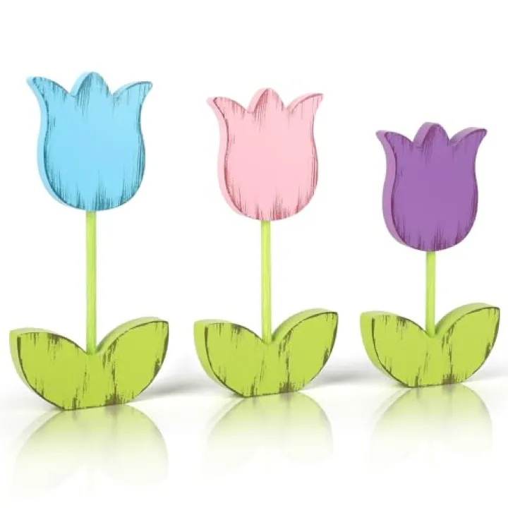 3 Pcs Spring Table Decorations Tulip Wooden Set Tabletop Farmhouse Spring Tiered Tray Decor Hello Spring Decorations for Home (Tulip)