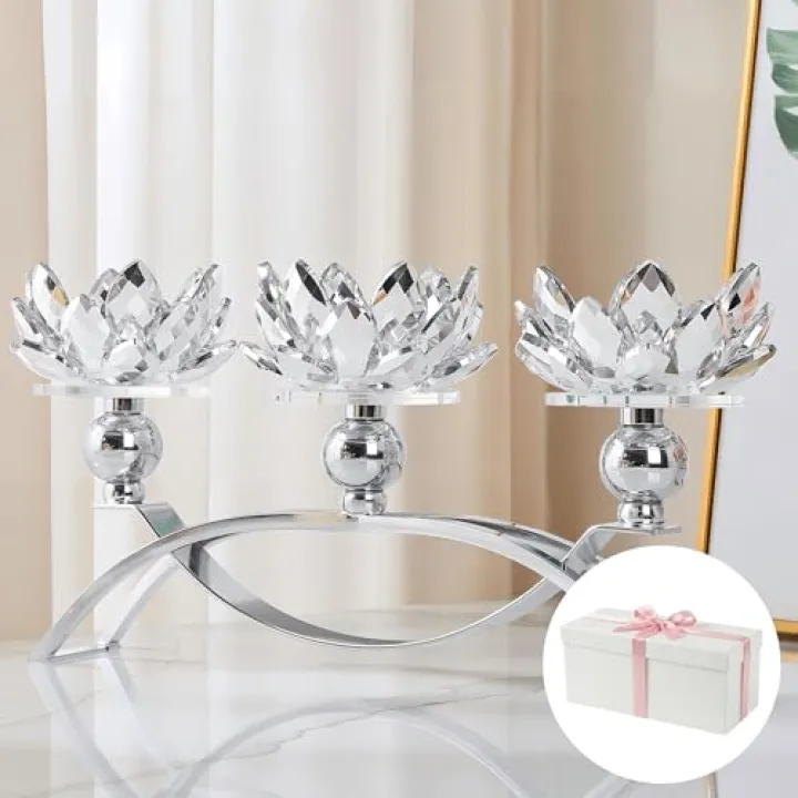 Dounx Crystal Candle Holders Lotus Candelabras, Silver Arch Candlestick, Centerpiece Table, Home Hecor for Wedding, Dinning Room, Coffee Table, Kitchen, Living Room (26.7cmL, Tealight Candle)