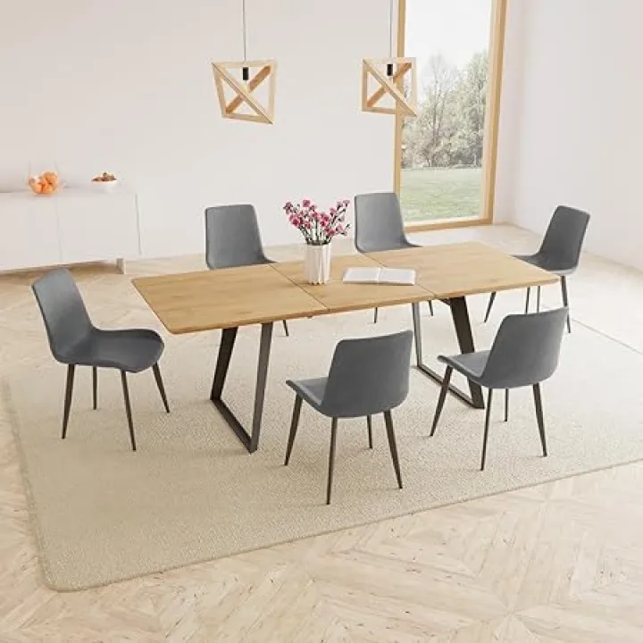 ZckyCine 67'' Extendable Rectangular Wooden Dining Table and Chairs 6-Seater Modern Mid-Century Style Multi-Purpose Space-Saving Design Home Dining Room Furniture Set
