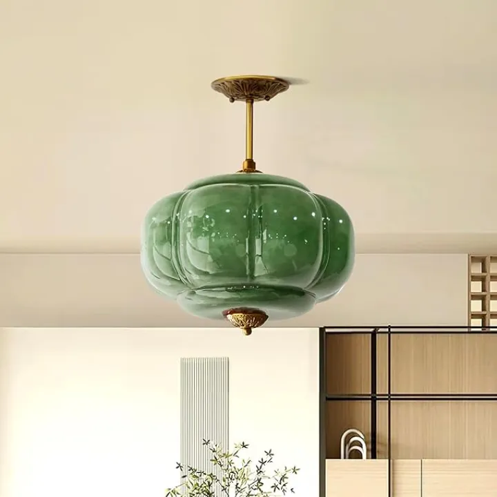 Milk Glass Ceiling Light Fixture - Antique Brass Semi Flush Mount Pendant Light for Kitchen, Hallway, and Bedroom (Green 15 inch)
