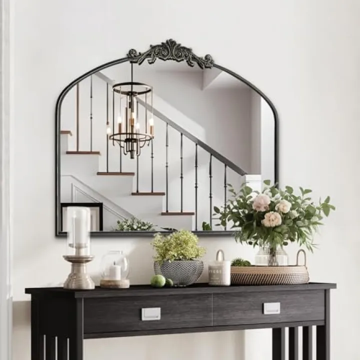 HQiJun Black Vintage Wall Mirror Window Decorative Traditional Mirrors Antique Arched Farmhouse for Living Room Bedroom Entryway Bathroom Vanity (29 * 36 * 1.2,Black)