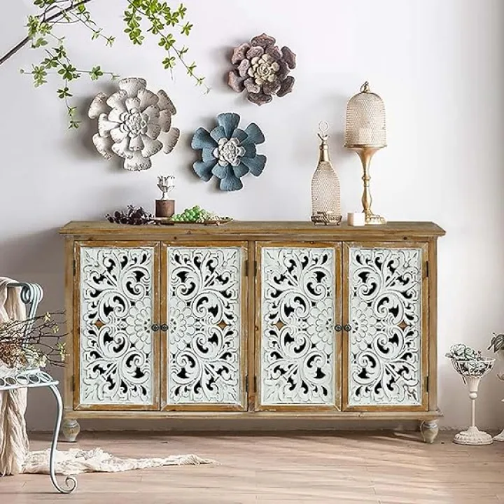 Millies Accent Cabinet with 4 Carved Doors, Farmhouse Sideboard Buffet Cabinet with Storage, Distressed Credenza for Living Room, Dining Room, or Kitchen, Antique Natural