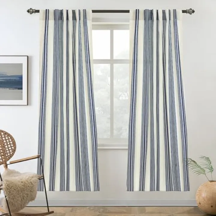 DriftAway Farmhouse Curtains for Living Room Vertical Striped Linen Curtains Semi Sheer Light Filtering Back Tab Rod Pocket Window Treatments, 72 Inches Long, 2 Panels, Dark Blue on Beige