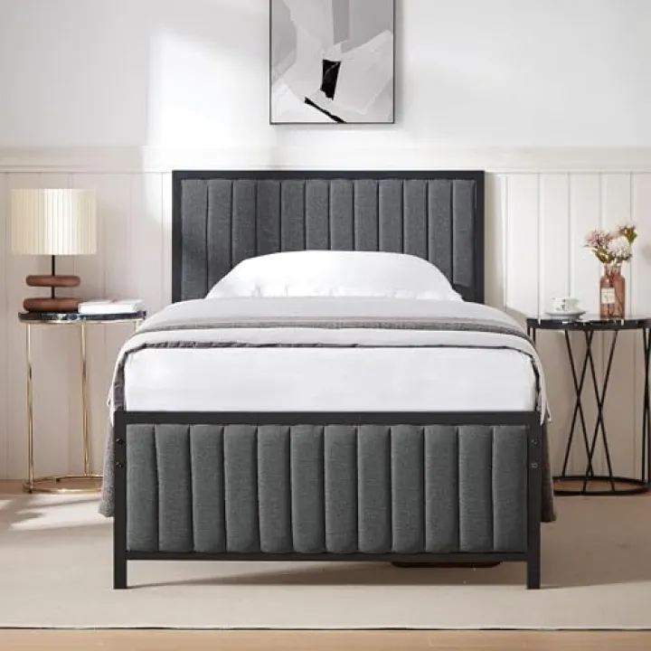 VECELO Struttura letto 90 x 200 cm, letto singolo in metallo con testiera e pediera imbottiti, telaio del letto con rete a doghe, altezza 32 cm sotto il letto, non è richiesto alcun boxe, grigio