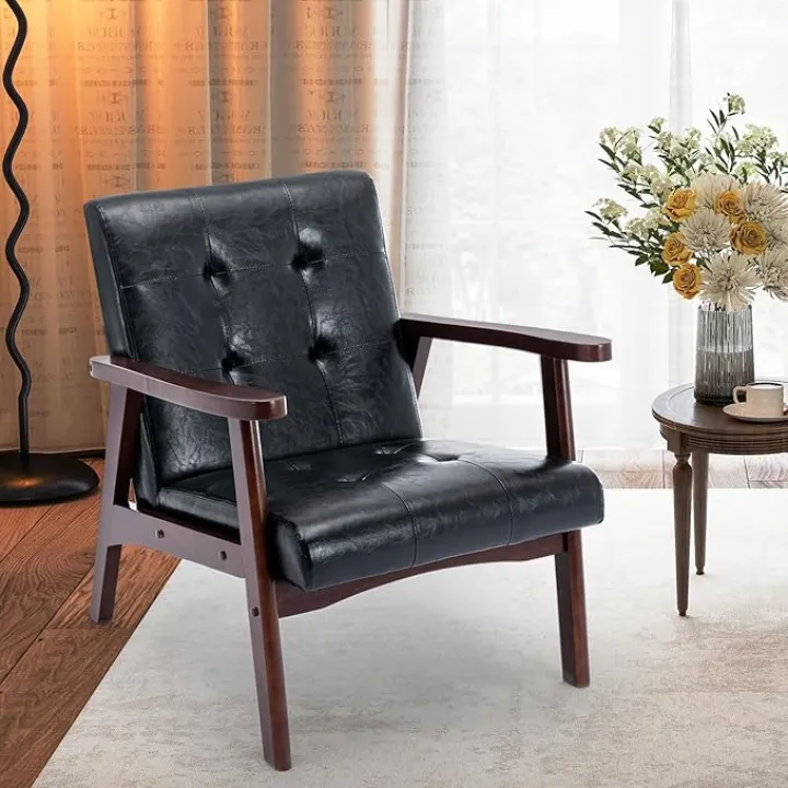 ANJ Mid Century Chair Accent Chair with Rubberwood Frame, Upholstered,Faux Leather for Living Room,Black