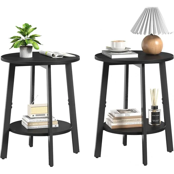 Side Table, Small Round End Table with Storage Shelf for Small Space, 2-Tier Black Bedside Table Sofa Couch Table, Round Accent Table Nighstands for Living Room, Bedroom, Black