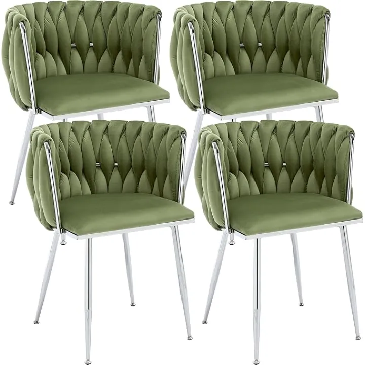 Velvet Dining Chairs Set of 4,Woven Upholstered Dining Chairs,Luxury Leisure Armchair,Modern Accent Chairs with Silver Metal Legs for Dining Room,Kitchen,Living Room(Light Green)