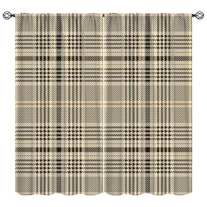 KANEPE Plaid Curtains, Golden Brown Beige Black Plaid Retro Pattern Window Treatments, Rod Pocket Thermal Insulated Drapes 2 Panel Sets for Bedroom Living Room, 42" W X 45" L【Decor】