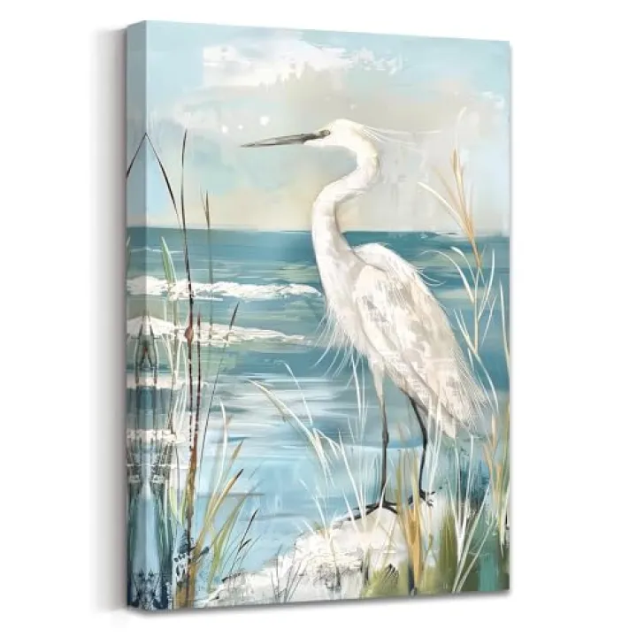 AWPANERAR White Heron Canvas Wall Art Coastal Bird Pictures Prints Blue Ocean Poster Beach Egret with Reed Painting Artwork for Bathroom Decor Framed (18L x 12W)