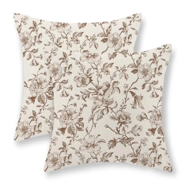 JEFERSO Brown Floral Pillow Covers 18x18 Set of 2 Brown and Cream Chinoiserie Floral Decorative Throw Pillows Vintage Rustic Toile Flower Pillowcase Outdoor Decor Linen Cushion Covers for Couch Sofa