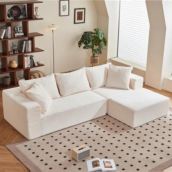 Modular Sectional Sofa, 108" L-Shaped Boneless Couch with Deep Seat, Corduroy Cloud Couch for Living Room, Bedroom, No Assembly Required, Ship in a Box, Beige