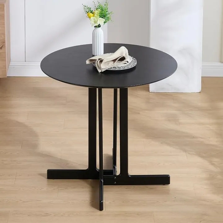 DUOMAY Solid Wood Round Dining Table, 31.5" Wide Small Dining Room Table for 2 or 4 Farmhouse Circle Kitchen Table for Home Living Room Small Space, Black