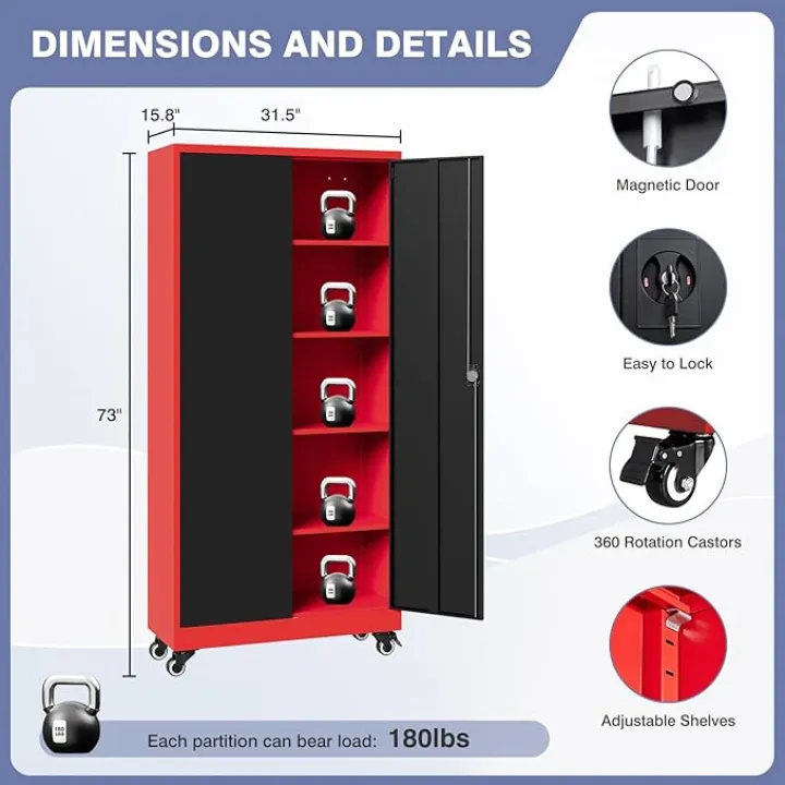 Metal Storage Cabinet with Wheels, Tall Garage Storage Cabinet with 4 Adjustable Shelves and 2 Doors, Lockable Tool Cabinet for Garage Home Office,Gym,School(Black-Red)