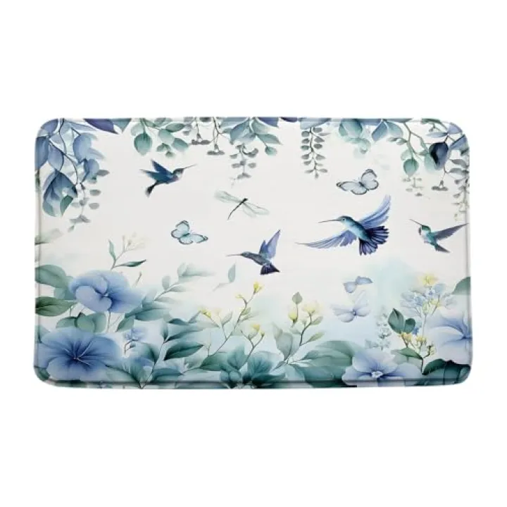 Floral Hummingbird Bath Mat Flower Leaves Dragonfly Butterfly Teal Plant Nature Modern 17.8"x29.5" Microfiber Memory Foam Bathroom Kitchen Toilet Floor Decor Mat