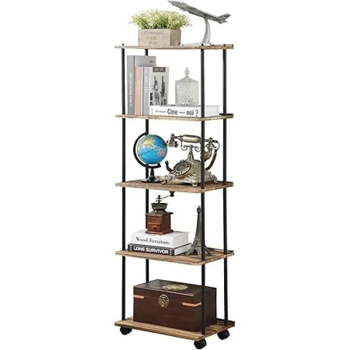 GETALL Small Bookshelf with Wheels, 5 Tier Movable and Rotating Bookcase for Small Spaces, Corner Bookshelf Storage Organizer for Home Office, Industrial Book Shelf for Kids, Bedroom, Living Room