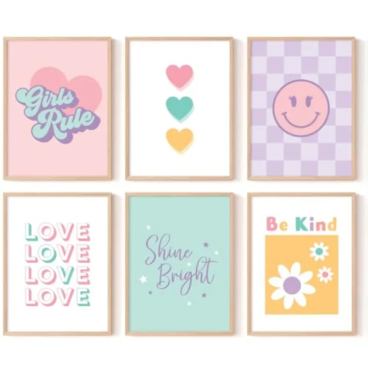 Lwoztra Girls Room Wall Art Kids Canvas Poster Nursery Wall Decor Pink Colorful Prints Baby Toddler Pictures Teen Girl Rule Artwork Love Smile Painting for Bedroom Playroom 8x10 Inch NO FRAME
