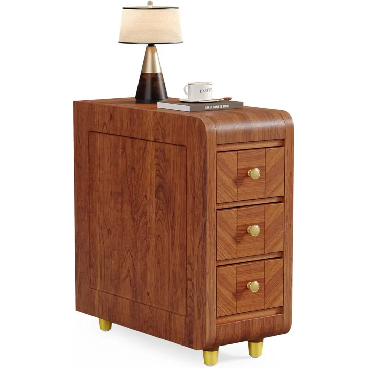 LITTLE TREE Nightstand with Drawers, Slim Bedside Table with Storage, Skinny Night Stand for Small Spaces, Bedroom, Reddish Brown, 1 Pack