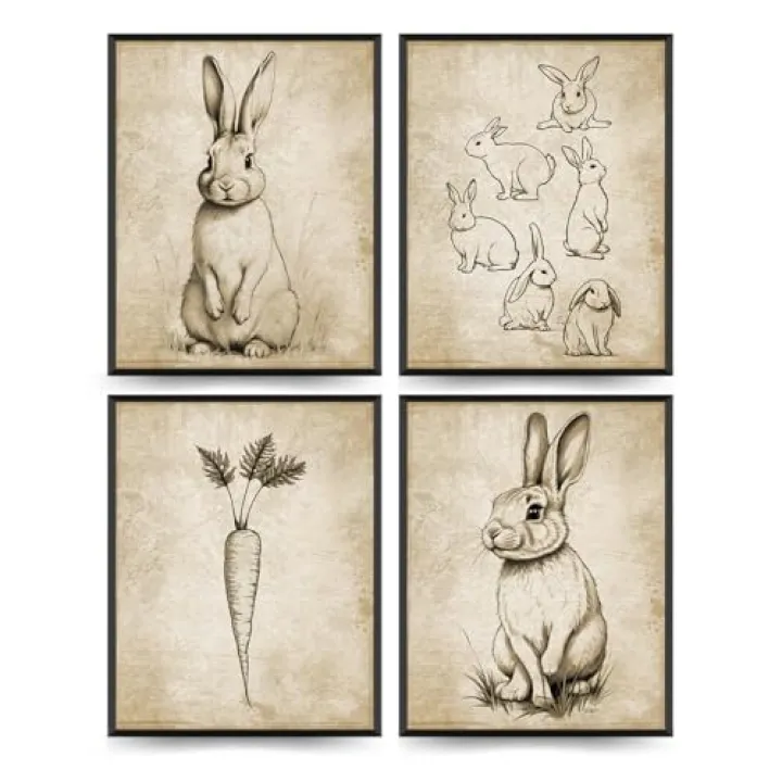 ETVISO Vintage Easter Bunny Wall Art Bunny Wall Decor, Spring Easter Decorations, Muted Spring Rabbit Print, Cottagecore Rabbit Room Decor for Living Room Bedroom Kitchen Decor 8x10 Inch(Unframed)