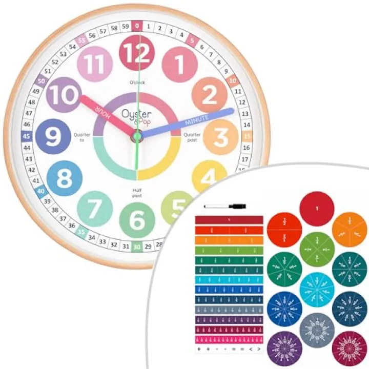 Oyster&Pop Kids Wall Clock & 180pcs Magnetic Fraction Tiles Set - Engaging Educational Bundle for Teaching Time & Fractions - Perfect for Classrooms & Home Learning